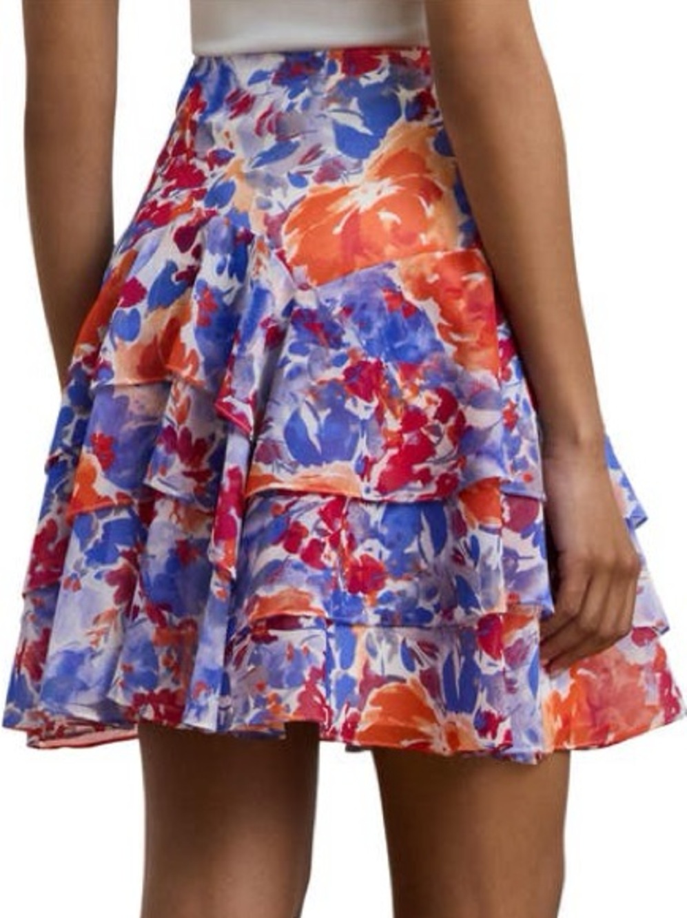 Women Ralph Lauren Floral High Waist Crinkle Layer Ruffle Skirt red white blue
